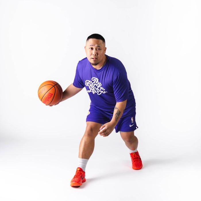 Media-day portrait, low dribble in purple